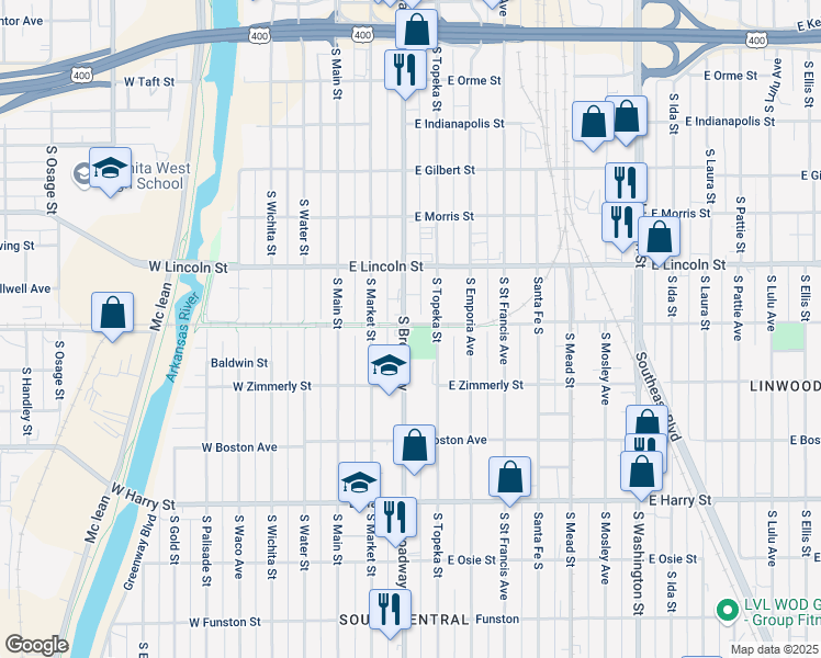 map of restaurants, bars, coffee shops, grocery stores, and more near 1300 South Broadway in Wichita