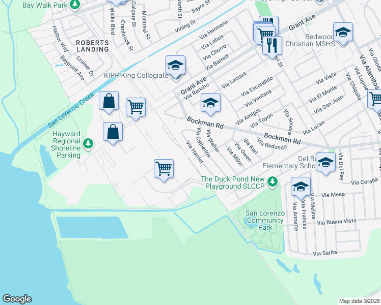 map of restaurants, bars, coffee shops, grocery stores, and more near 16083 Vía Harriet in San Lorenzo