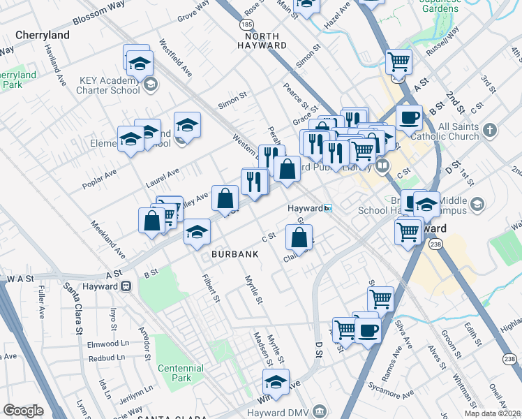map of restaurants, bars, coffee shops, grocery stores, and more near 522 B Street in Hayward