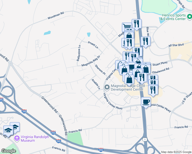 map of restaurants, bars, coffee shops, grocery stores, and more near 10620 Correnty Drive in Glen Allen