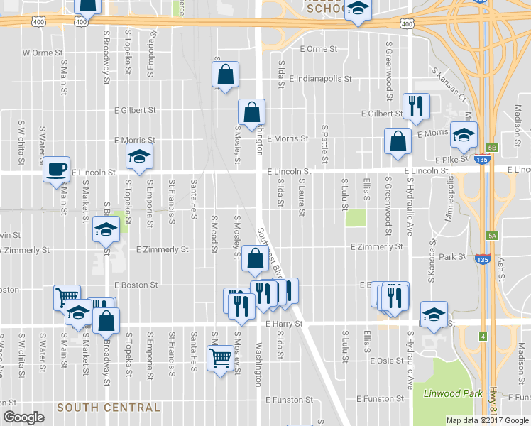 map of restaurants, bars, coffee shops, grocery stores, and more near 1302 Washington South in Wichita