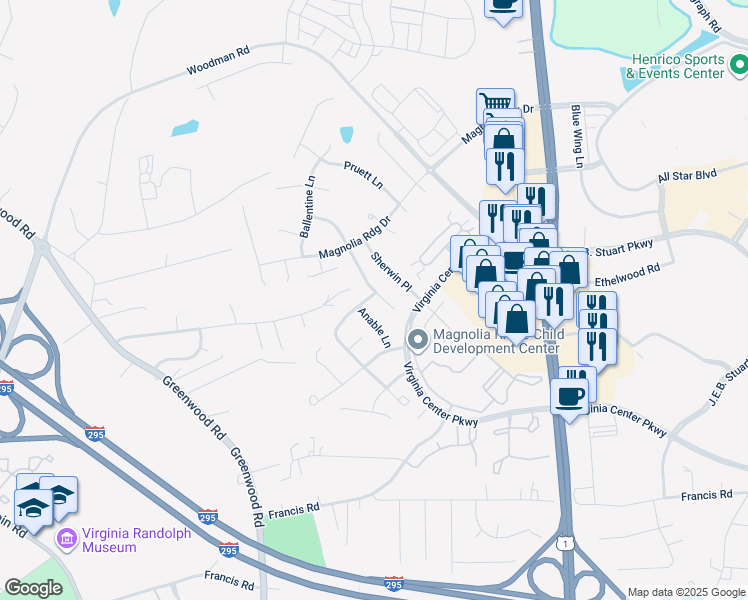 map of restaurants, bars, coffee shops, grocery stores, and more near 10620 Correnty Drive in Glen Allen
