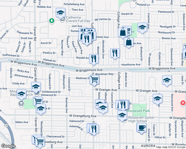 map of restaurants, bars, coffee shops, grocery stores, and more near 1713 Tully Road in Modesto