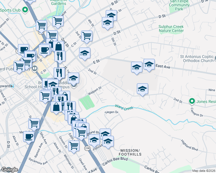 map of restaurants, bars, coffee shops, grocery stores, and more near 1277 Walpert Street in Hayward