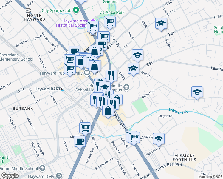 map of restaurants, bars, coffee shops, grocery stores, and more near in Hayward
