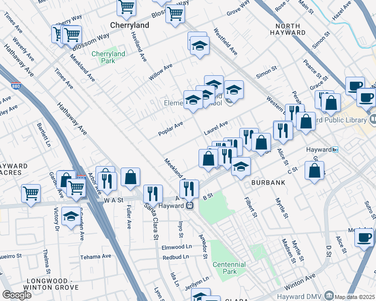 map of restaurants, bars, coffee shops, grocery stores, and more near 187 Laurel Avenue in Hayward