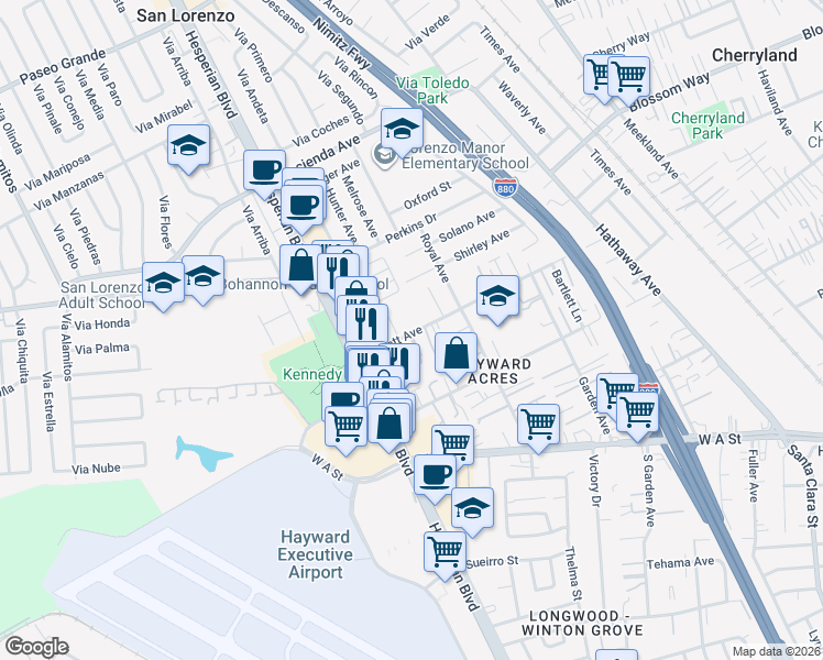 map of restaurants, bars, coffee shops, grocery stores, and more near 729 Bartlett Avenue in Hayward