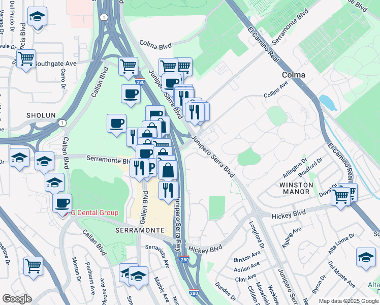 map of restaurants, bars, coffee shops, grocery stores, and more near 313 Philip Drive in Daly City