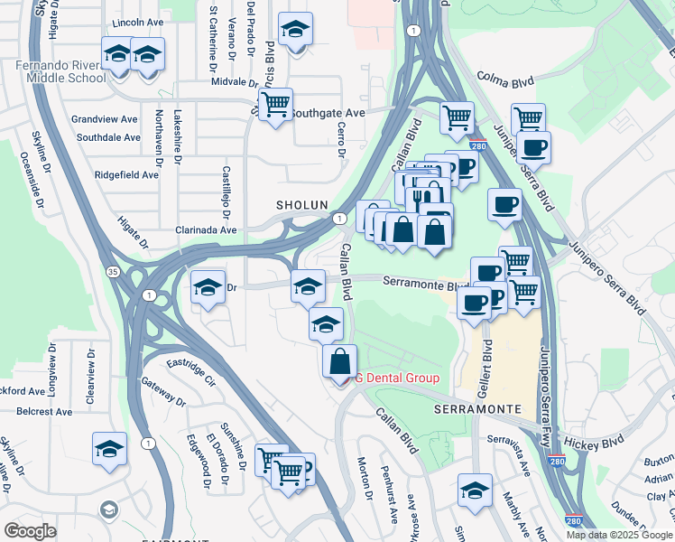 map of restaurants, bars, coffee shops, grocery stores, and more near 620 Serramonte Boulevard in Daly City