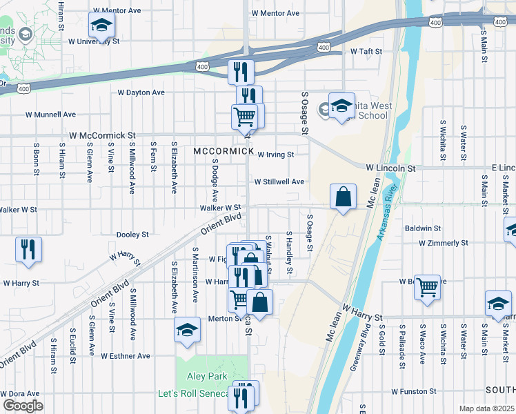 map of restaurants, bars, coffee shops, grocery stores, and more near 1326 South Walnut Street in Wichita