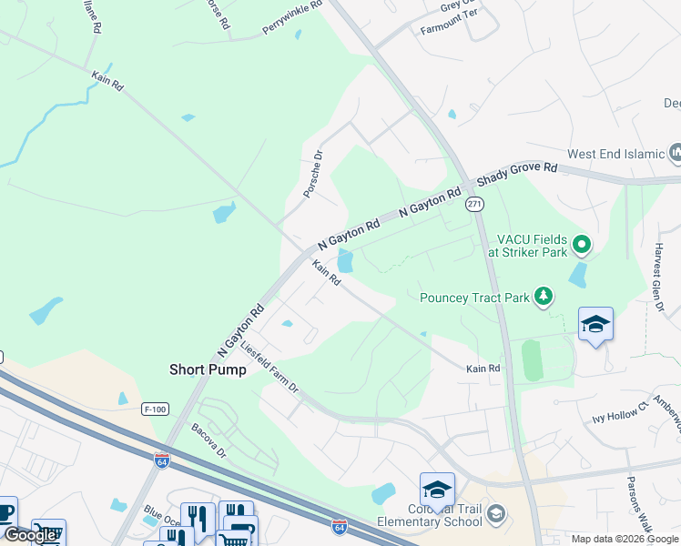 map of restaurants, bars, coffee shops, grocery stores, and more near 12294 Kain Road in Glen Allen