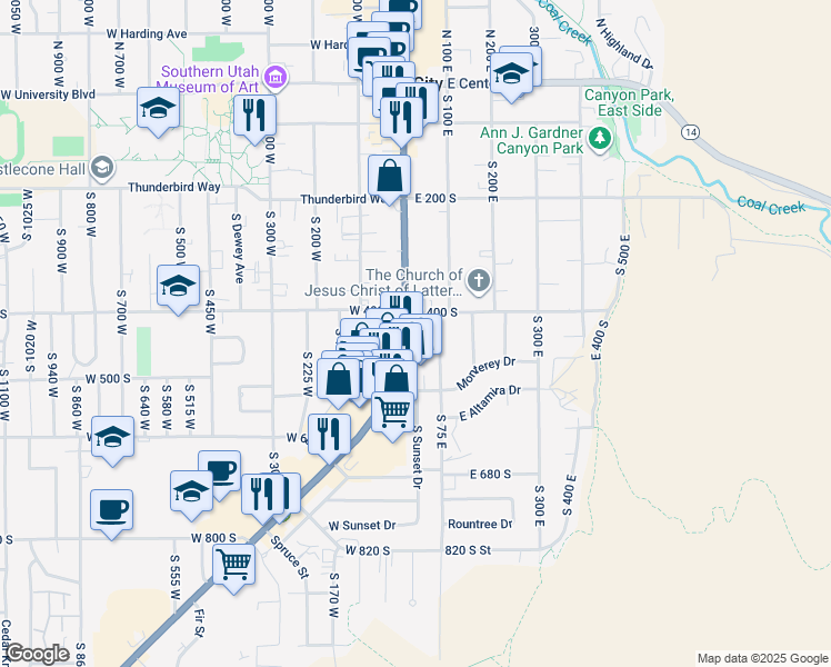 map of restaurants, bars, coffee shops, grocery stores, and more near 433 South Main Street in Cedar City