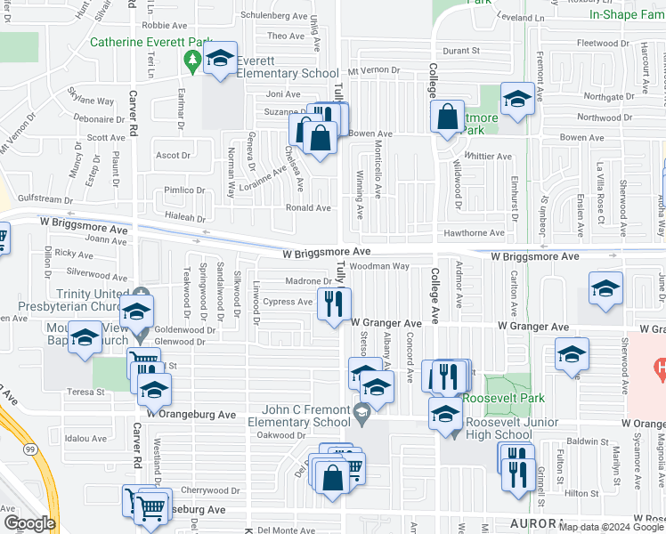 map of restaurants, bars, coffee shops, grocery stores, and more near 1725 Tully Road in Modesto