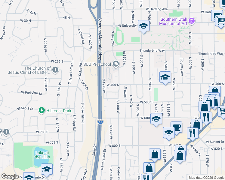 map of restaurants, bars, coffee shops, grocery stores, and more near 1123 West 425 South in Cedar City
