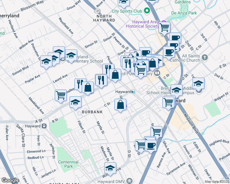 map of restaurants, bars, coffee shops, grocery stores, and more near 22605 Grand Street in Hayward
