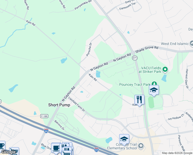 map of restaurants, bars, coffee shops, grocery stores, and more near 12294 Kain Road in Glen Allen