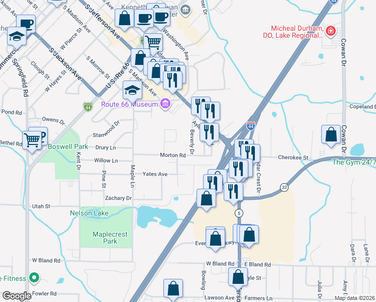 map of restaurants, bars, coffee shops, grocery stores, and more near 1167 Beverly Drive in Lebanon