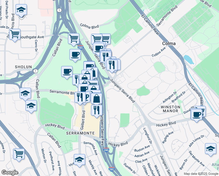 map of restaurants, bars, coffee shops, grocery stores, and more near 332 Philip Drive in Daly City
