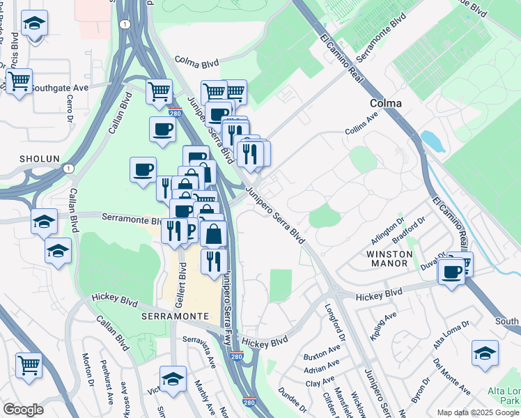 map of restaurants, bars, coffee shops, grocery stores, and more near 302 Philip Drive in Daly City