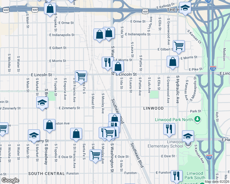 map of restaurants, bars, coffee shops, grocery stores, and more near 1302 South Washington Avenue in Wichita