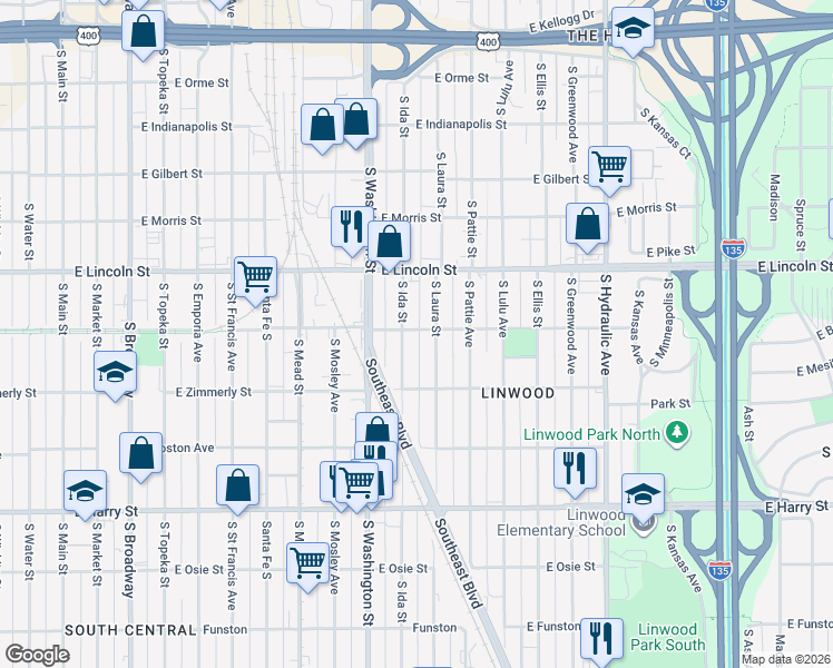 map of restaurants, bars, coffee shops, grocery stores, and more near 1115 East Bayley Street in Wichita