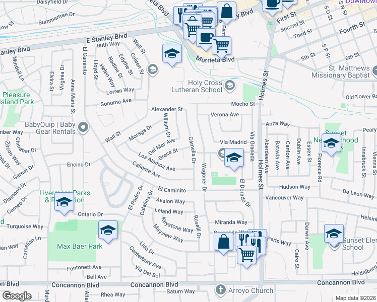 map of restaurants, bars, coffee shops, grocery stores, and more near 879 Grace Street in Livermore
