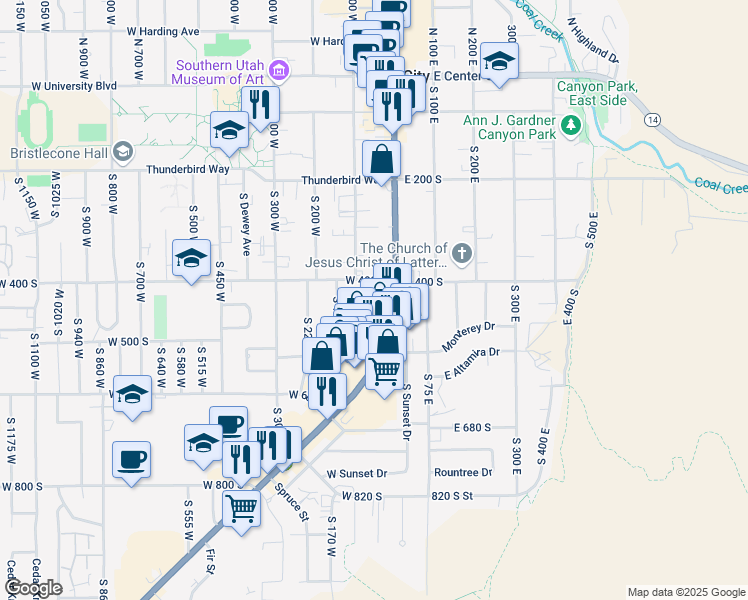 map of restaurants, bars, coffee shops, grocery stores, and more near 434 South Main Street in Cedar City
