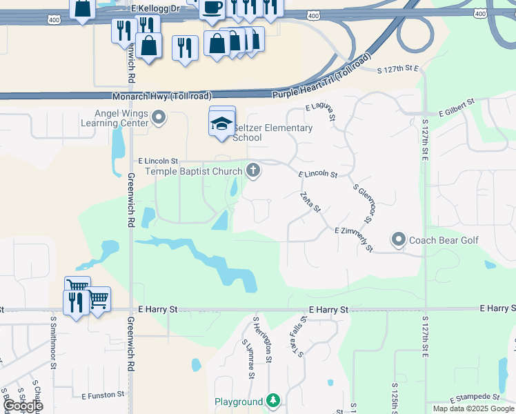 map of restaurants, bars, coffee shops, grocery stores, and more near 1010 S Rue St in Wichita