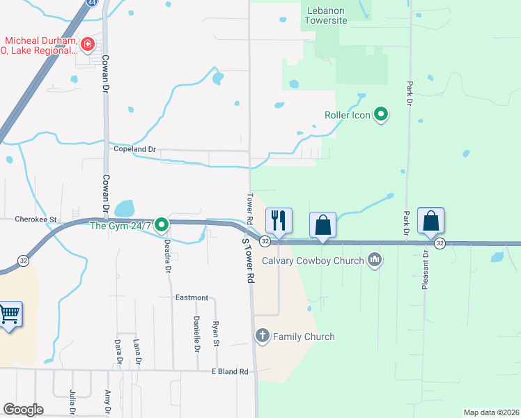 map of restaurants, bars, coffee shops, grocery stores, and more near 1146 South Tower Road in Lebanon