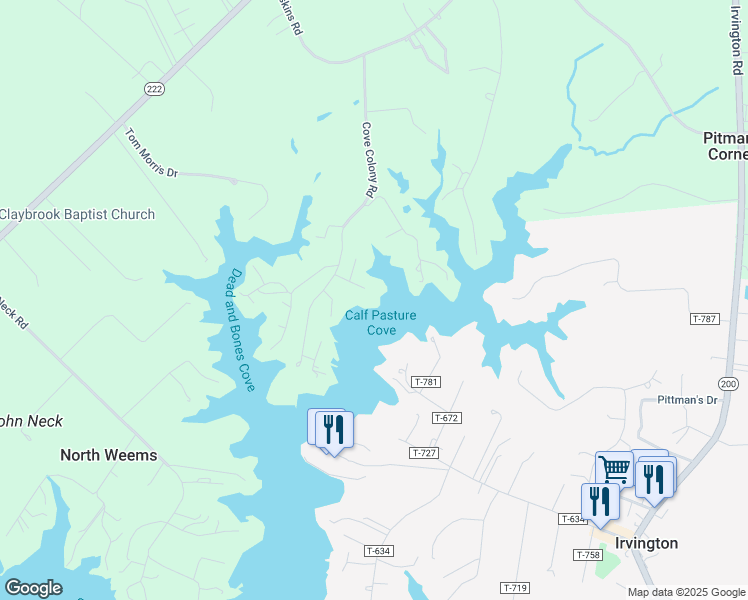 map of restaurants, bars, coffee shops, grocery stores, and more near 92 Church Prong Lane in Weems