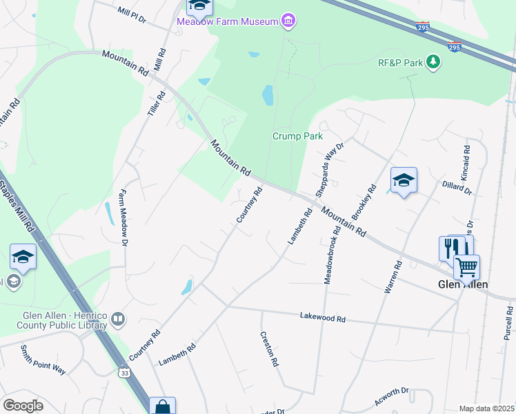 map of restaurants, bars, coffee shops, grocery stores, and more near 10671 Courtney Road in Glen Allen