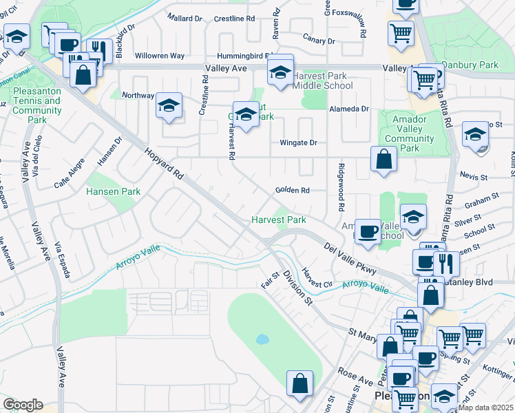 map of restaurants, bars, coffee shops, grocery stores, and more near 5041 Golden Road in Pleasanton