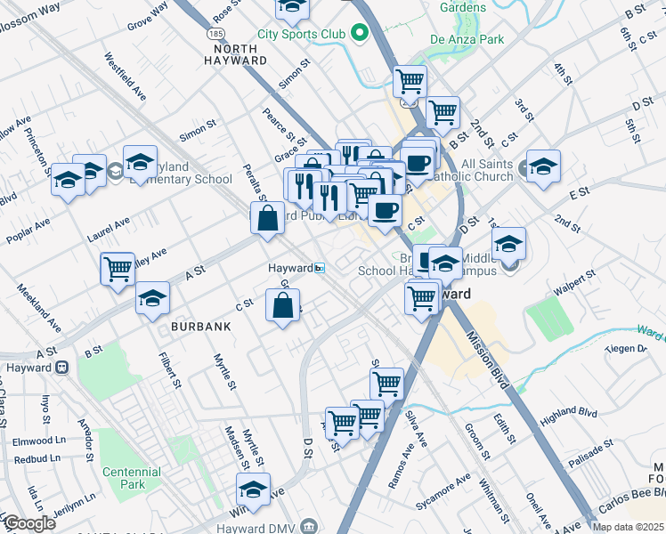 map of restaurants, bars, coffee shops, grocery stores, and more near in Hayward