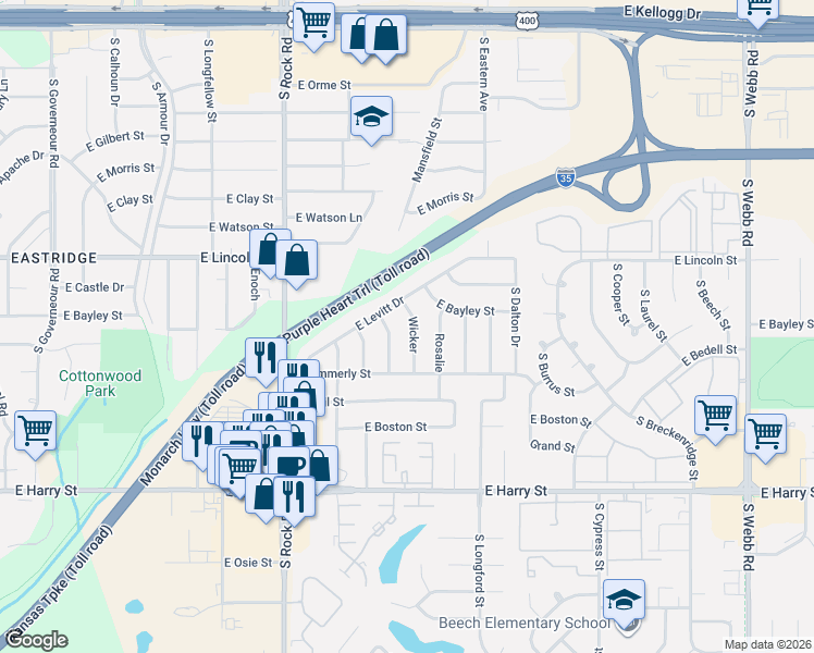 map of restaurants, bars, coffee shops, grocery stores, and more near 1026 South Wicker Lane in Wichita