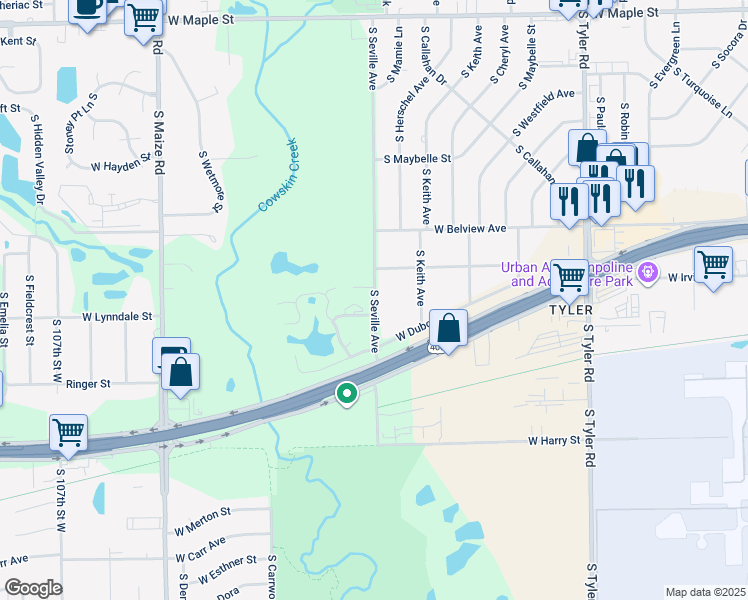 map of restaurants, bars, coffee shops, grocery stores, and more near 1319 South Seville Avenue in Wichita