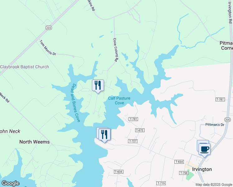 map of restaurants, bars, coffee shops, grocery stores, and more near 92 Church Prong Lane in Weems