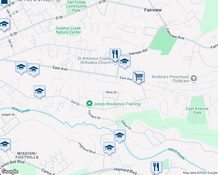 map of restaurants, bars, coffee shops, grocery stores, and more near Nina Street in Hayward