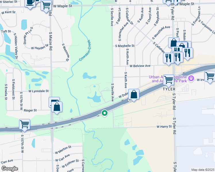 map of restaurants, bars, coffee shops, grocery stores, and more near 1319 South Seville Avenue in Wichita