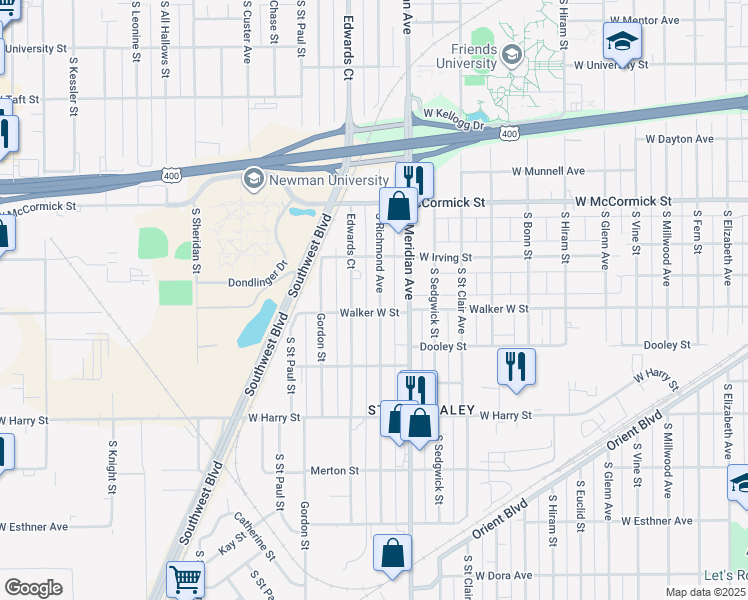 map of restaurants, bars, coffee shops, grocery stores, and more near 2600-2646 Walker St in Wichita