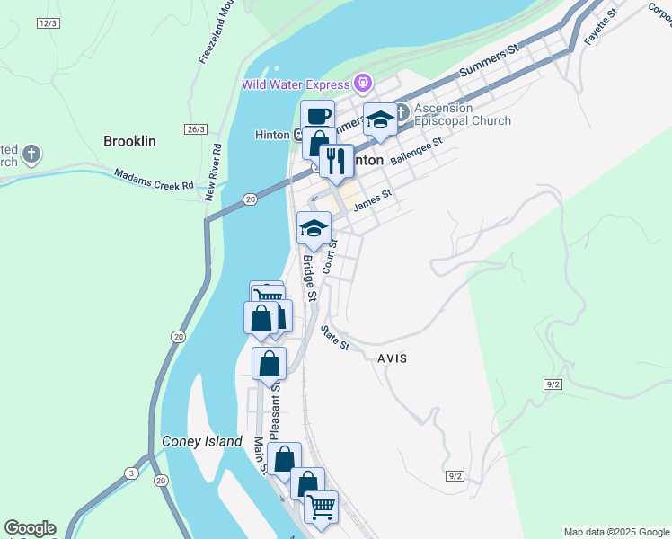 map of restaurants, bars, coffee shops, grocery stores, and more near 116 Reservoir Street in Hinton