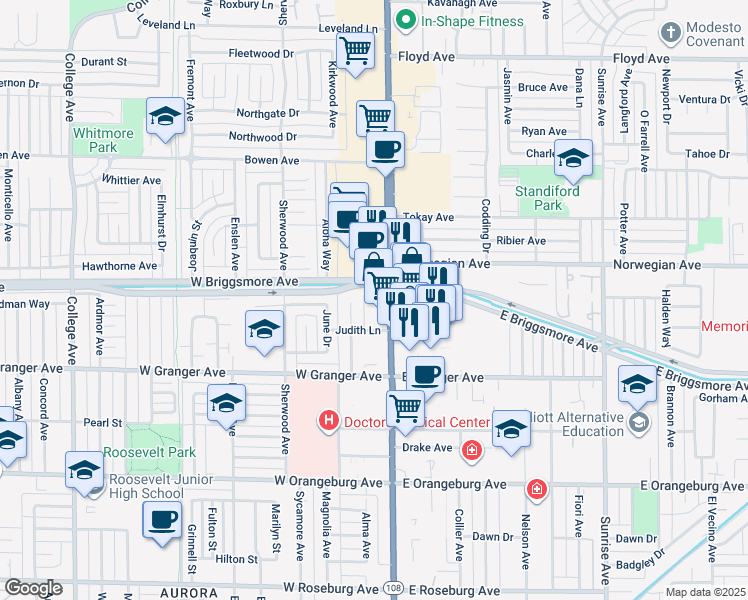 map of restaurants, bars, coffee shops, grocery stores, and more near 1707 McHenry Ave in Modesto