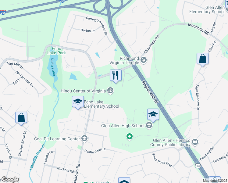 map of restaurants, bars, coffee shops, grocery stores, and more near 6051 Springfield Road in Glen Allen