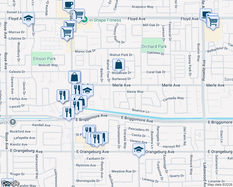 map of restaurants, bars, coffee shops, grocery stores, and more near 2412 Alexia Way in Modesto