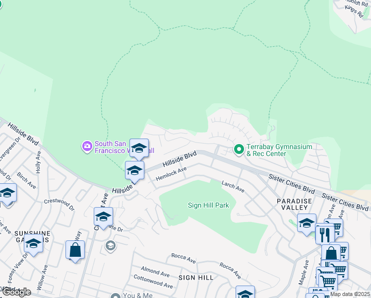 map of restaurants, bars, coffee shops, grocery stores, and more near 25 Windcrest Lane in South San Francisco