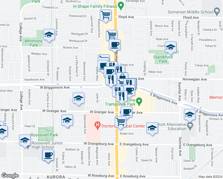 map of restaurants, bars, coffee shops, grocery stores, and more near 1707 McHenry Avenue in Modesto