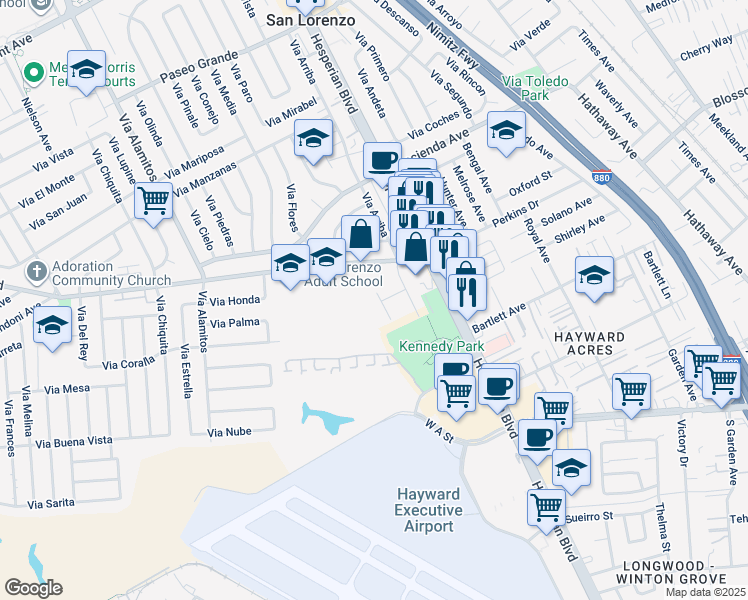 map of restaurants, bars, coffee shops, grocery stores, and more near 18251 Via Jose in San Lorenzo