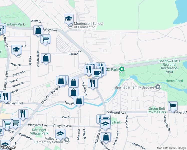 map of restaurants, bars, coffee shops, grocery stores, and more near 3550 Stanley Boulevard in Pleasanton