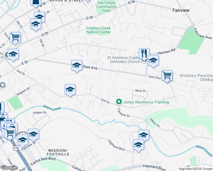 map of restaurants, bars, coffee shops, grocery stores, and more near 1827 June Marie Court in Hayward