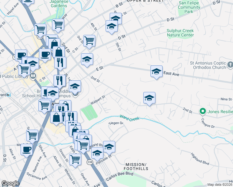 map of restaurants, bars, coffee shops, grocery stores, and more near 1304 Antonella Place in Hayward