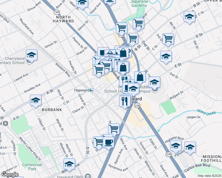 map of restaurants, bars, coffee shops, grocery stores, and more near 22763 Watkins Street in Hayward